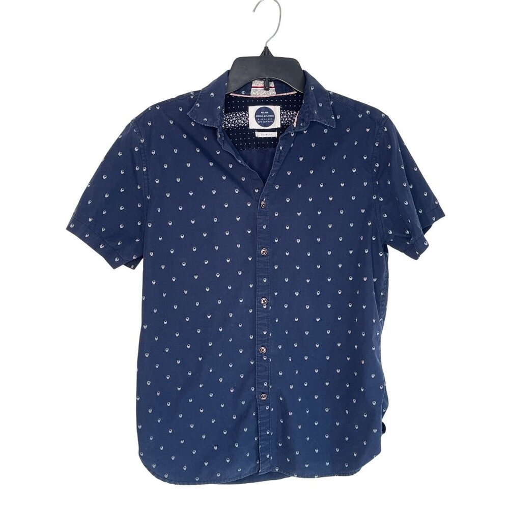Denim & Flower Slim Fit Navy Short Sleeve Button-Up Shirt With Patterned Design